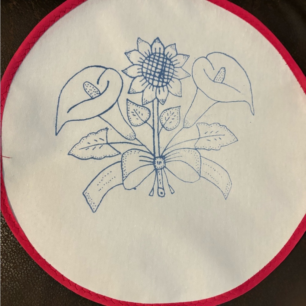 Floral Embroidered White and Red Round Cloth